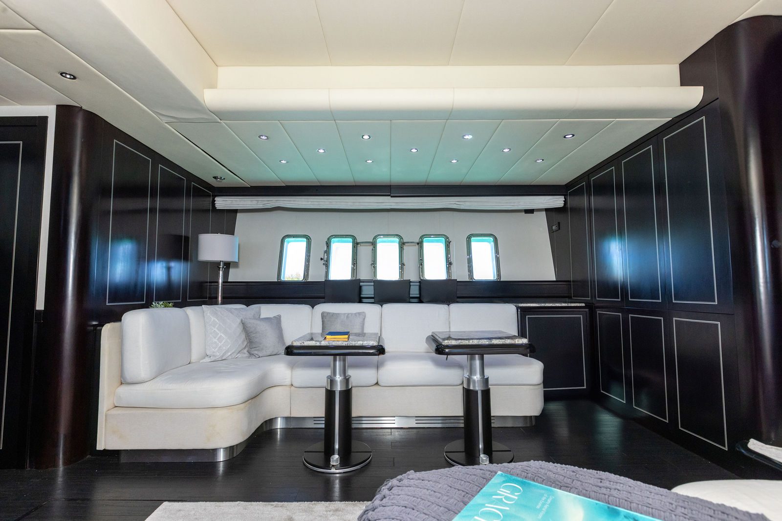 KayDee Mangusta 80 lower salon lounge luxury yacht charter