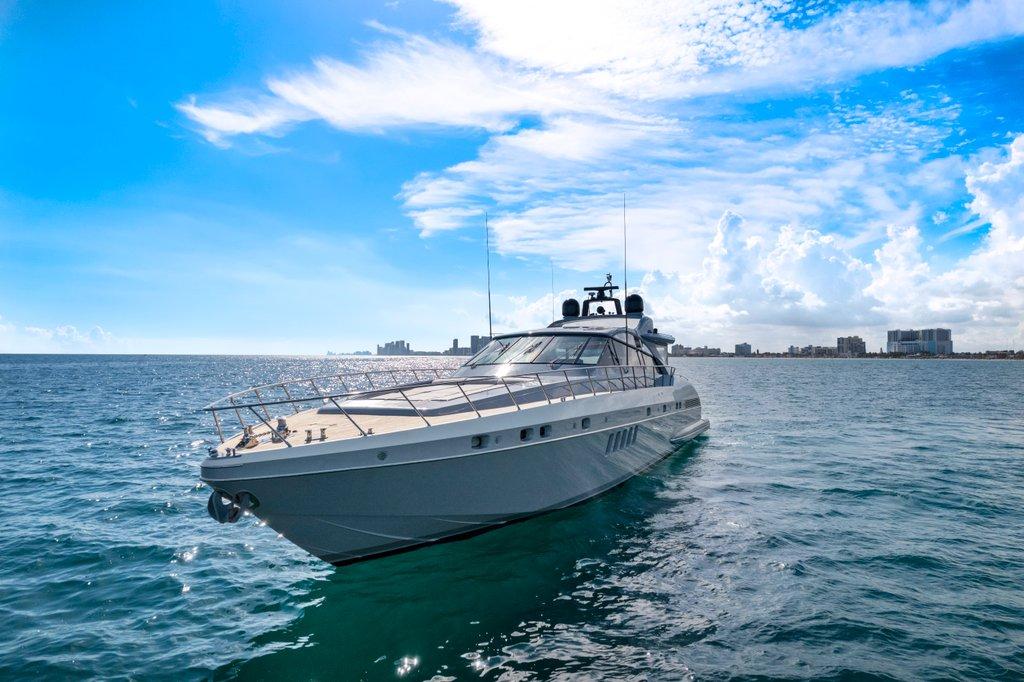 KayDee Mangusta 80 dramatic bow angle luxury yacht Nassau Bahamas