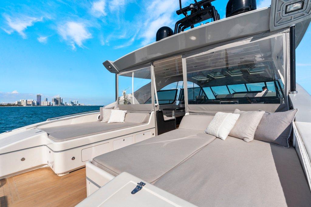 KayDee Mangusta 80 flybridge lounge area private yacht charter
