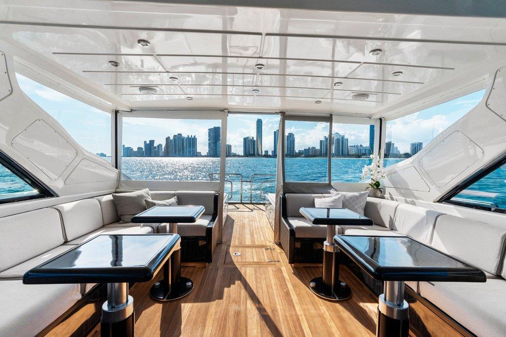 KayDee Mangusta 80 aft deck looking toward stern skyline view