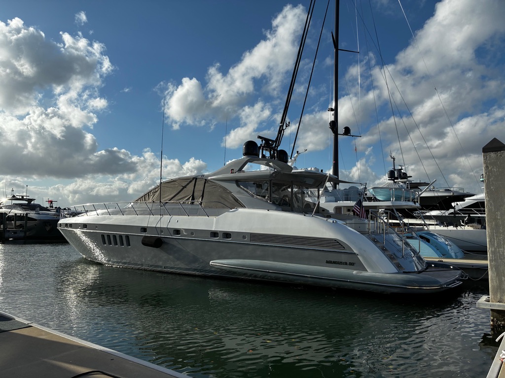 KayDee Mangusta 80 docked at marina side profile yacht charter