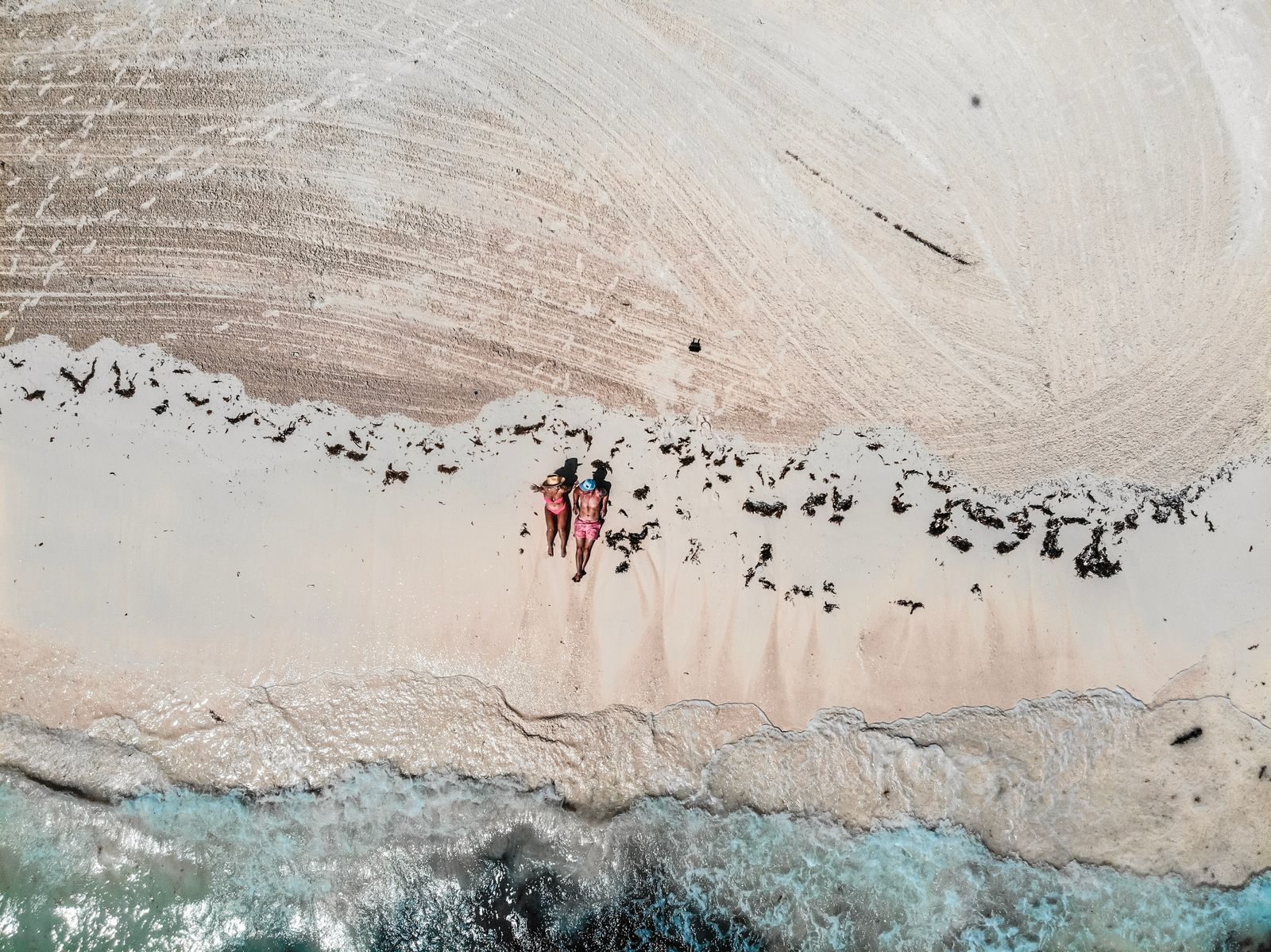 Aerial view of a white sand beach in the Exumas, Bahamas